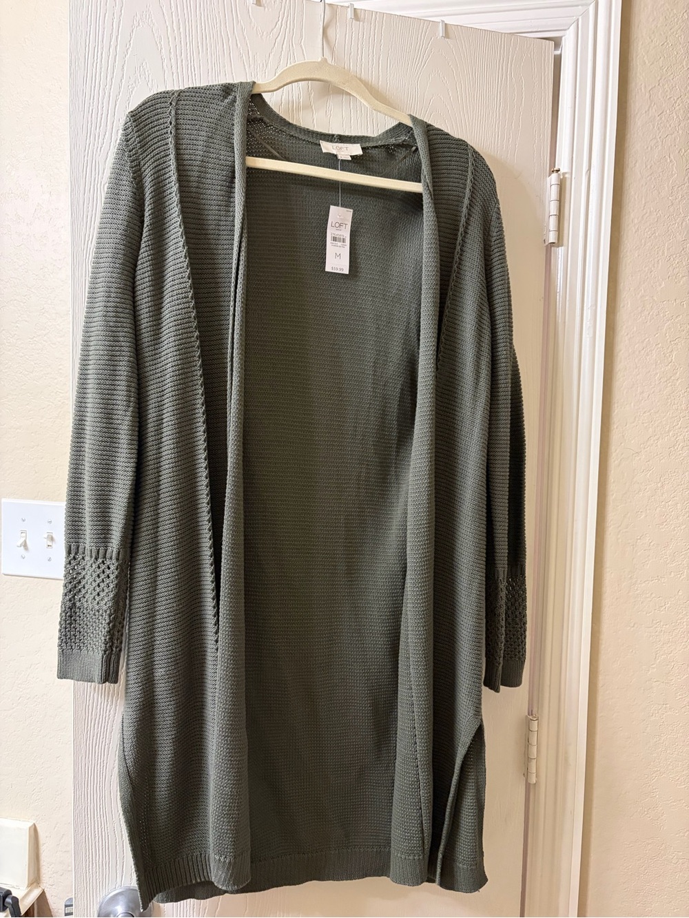 LOFT Olive Open-Front Long Knit Cardigan